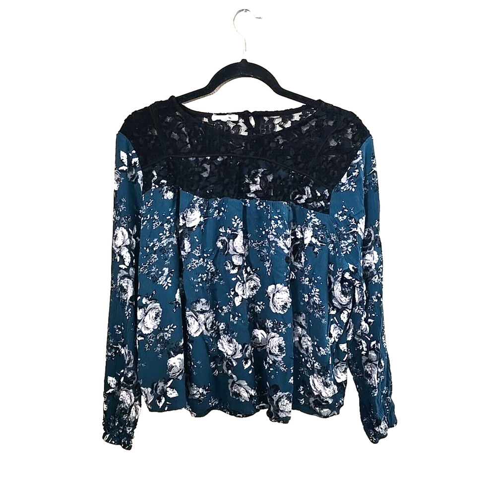 Maurices Teal Floral Print Lace Yoke Crinkle Long Sleeve Boho Top Womans Size 1x